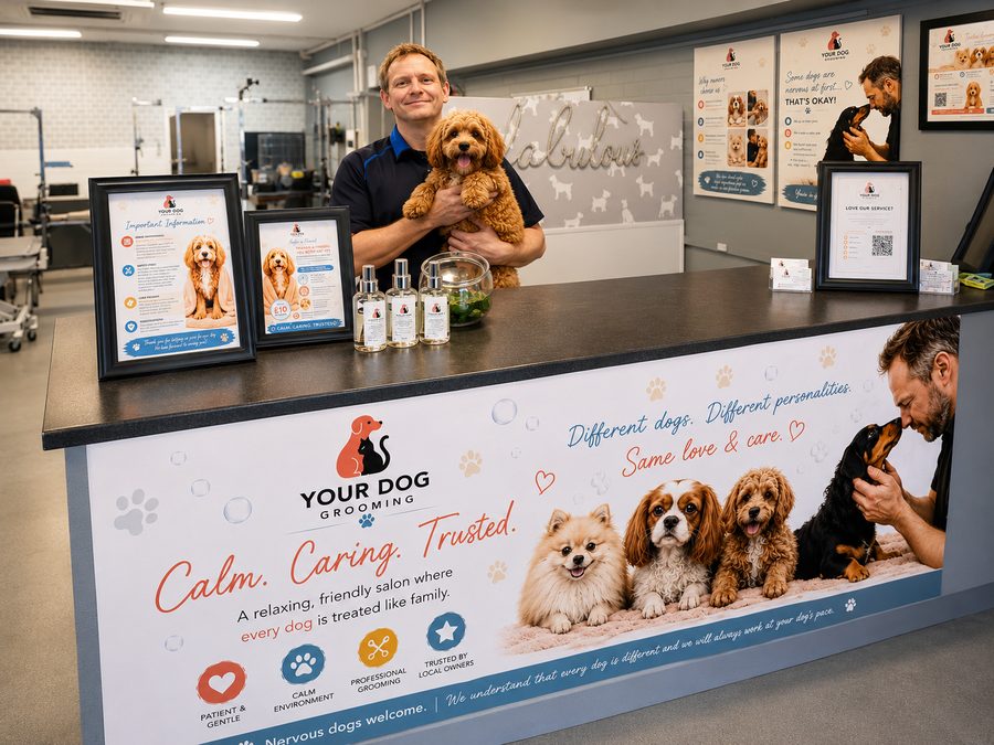 Denis at the Your Dog Grooming reception desk, holding a happy cockapoo